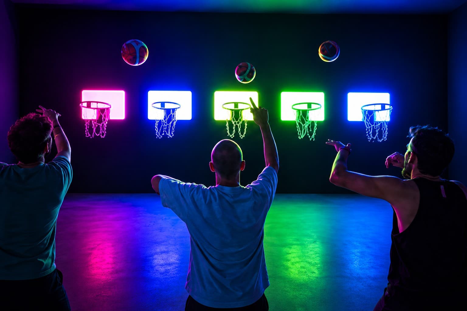 Joueurs visant les paniers lumineux du basketball interactif HOOPS